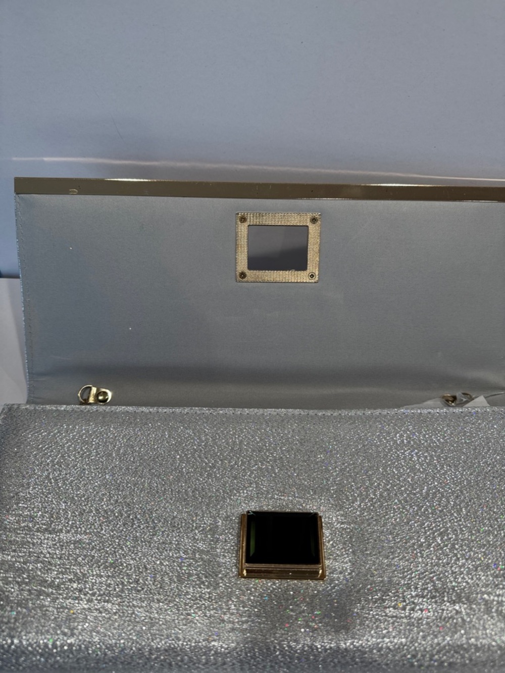 D’margeaux Silver Metallic Evening Clutch or crossbody with Gem closure Accent - Picture 5 of 9